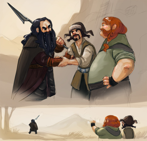 bridgioto: One thing that’s excellent about the dwarves is how they’re all family. Bofur and Bombur probably got visits from their cousin Bifur sometimes, in his pre-axe-to-the-head days, when Bombur was slightly less fat. 