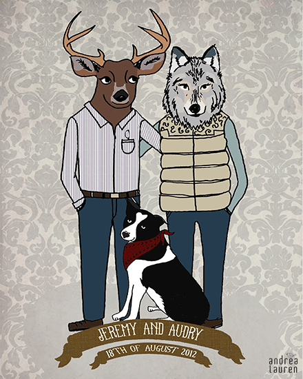 
Custom Couple Portrait:  anthropomorphic animals, pets, and special little details.  Available in a variety of options such as: wedding, couple, and family.  I love creating personalized, one of a kind illustrations featuring your choice of animals, outfits, and quirky details.  
  
