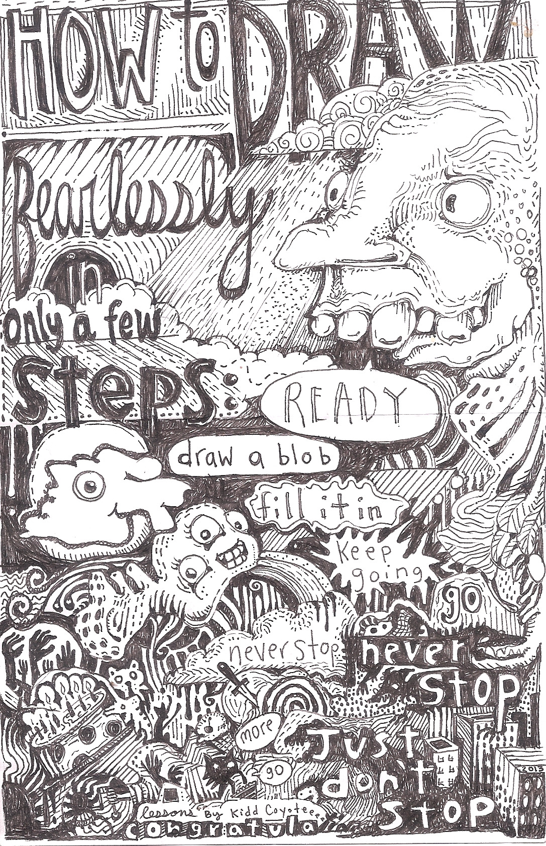 'How to draw' ink on crappy paper by kidd coyote indoors pacific northwest, usa monsterperks.tumblr.com