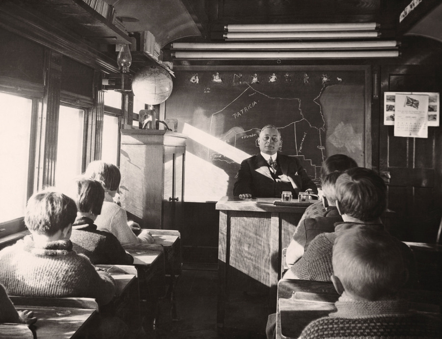 A classroom inside a railway car in Ontario, Canada, August 1932.Photograph by Canadian National Railways