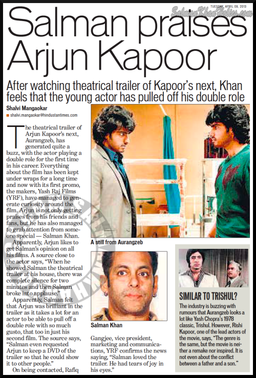 ★&amp;nbsp;Salman praises Arjun Kapoor&amp;amp;#160;! After&amp;nbsp;watching&amp;nbsp;theatrical trailer of Kapoor&amp;amp;#8217;s next, Khan feels that the young actor has pulled off his double role..