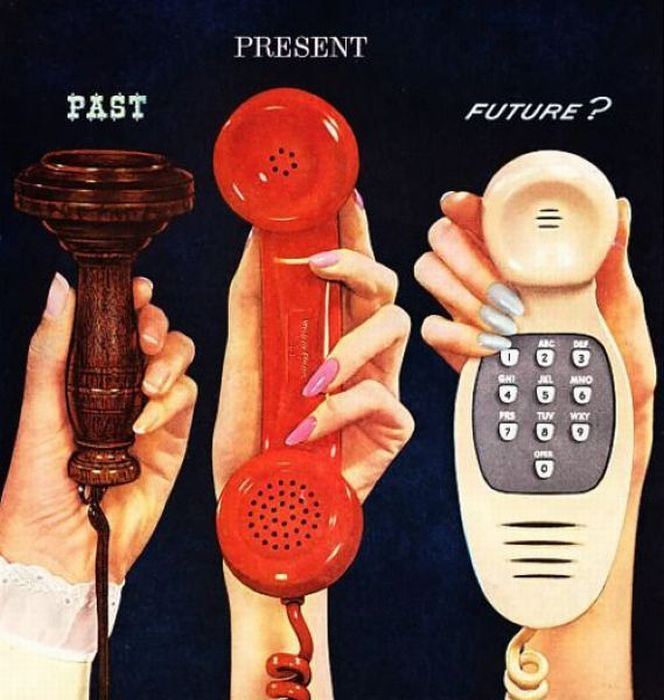 explore-blog:

Phone evolution – vintage ad for Western Electric, the manufacturing arm of AT&amp;T, and more vintage visions for the future of technology. 
