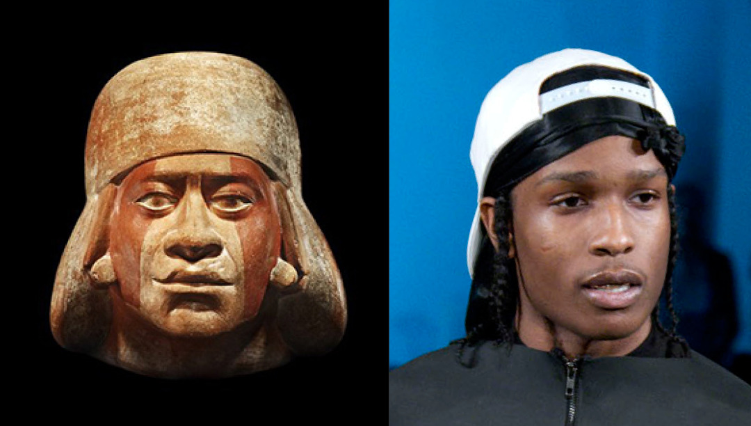 Left: Pre Colombian - Moche portrait head of &#8216;Cut Lip&#8217; 400 AD - Right: ASAP Rocky