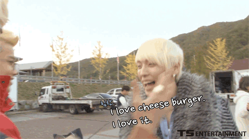 Himchan always making me laugh!!~~ I Love Cheese Burger. I Love it >.<