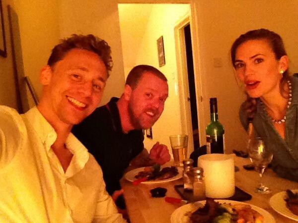 gofuckyourselftomhiddleston: redskye1972: shakespearesgladiator: @SteelMillPaul: @/HayleyAtwell @/twhiddleston eating the awesome food I cooked. Proof that we know each other. &gt;How much you want to bet that sweet stuff Hibbles took that group shot himself? His arms must go on for ages…. I can actually imagine him saying(while grabbing the camera from whoever was holding it) “Here, I’ll take it. I’ve got long arms…” 