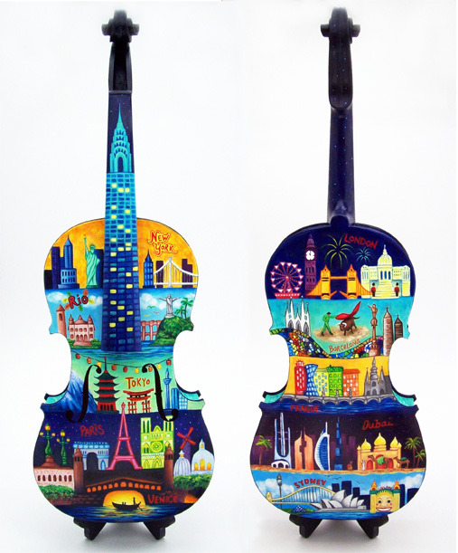 Painted violin by Cat Pope &#8220;Sights and Sounds of the City&#8221;Oil on wood violin tumblr / portfolio / facebook