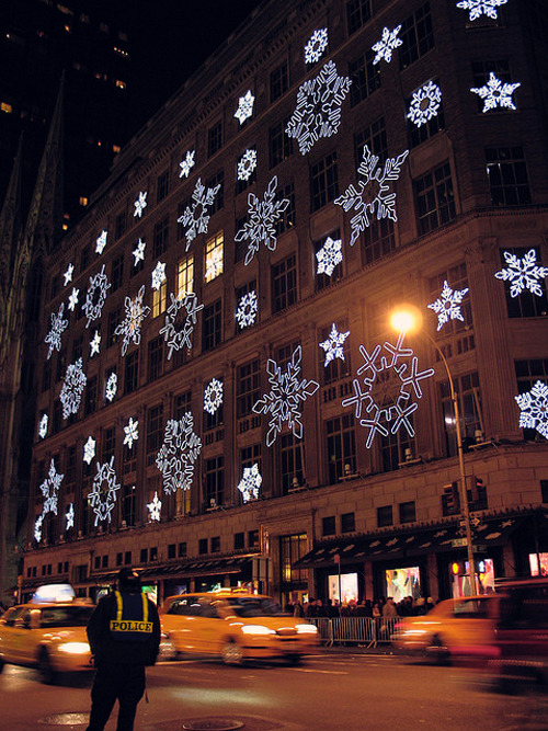 plane-ticket: Snowflakes on Saks Fifth Ave - NYC 