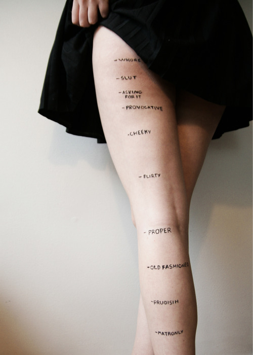 womans leg with the words matronly, prudish, old fashioned, proper, flirty, cheeky, provocative, asking for it, slut and whore written in ascending order up her leg