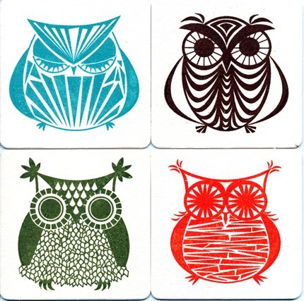 Owl Gocco Print 4 Chipboard Coasters Set No 3 by by kerrybeary on Etsy