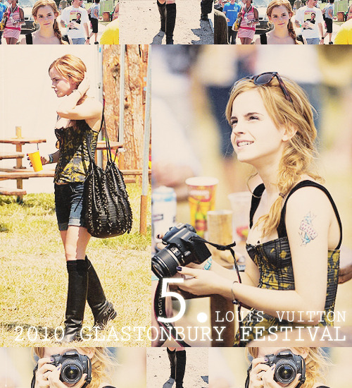 TOP 15 Favorite Emma Watson Looks → five where: Glastonbury Music Festival 2010- Print Corset Top by Louis Vuitton - Cuffed Short Jeans by Hudson Jeans - Egoutina Boots by Christian Louboutin - Black Valentino Fringed Leather Bucket Bag - RayBan sunglasses and Canon EOS D1000&#160;