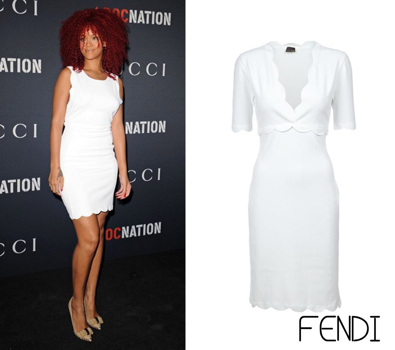 UPDATE: Rihanna spotted wearing designer Fendi. Dress on right similar style to what she&#8217;s wearing :)