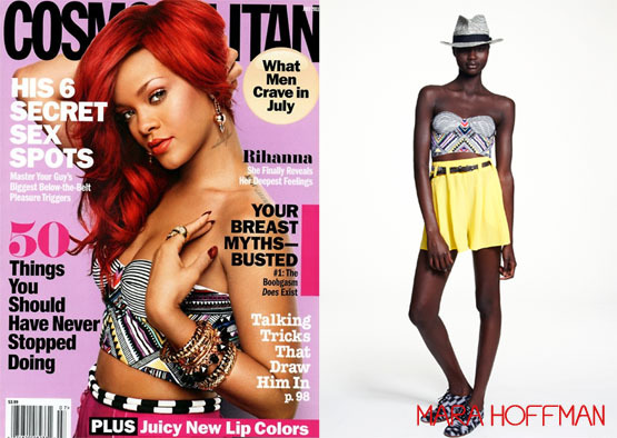 Rihanna on the cover of July&#8217;s cosmopolitan in a tribal print bustier by designer Mara Hoffman.
