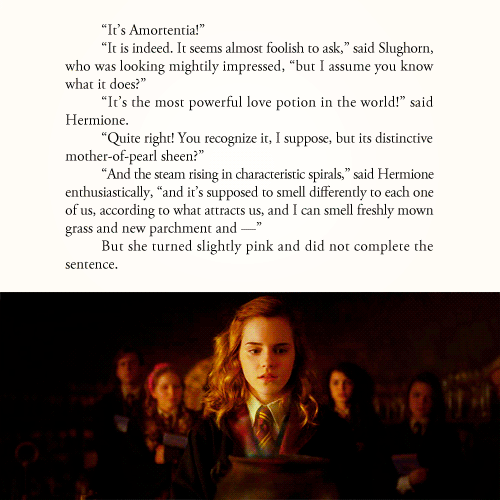  Once, in a online chat with fans, JK Rowling revealed that the third scent Hermione could smell emanating from the Amortentia was that of Ron Weasley’s hair. [x] 