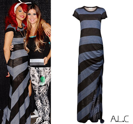 During her M&amp;G in Los Angeles Rihanna was spotted in a striped side cut out maxi dress by designer ALC and accessorisedwith a Chanel medallion.
