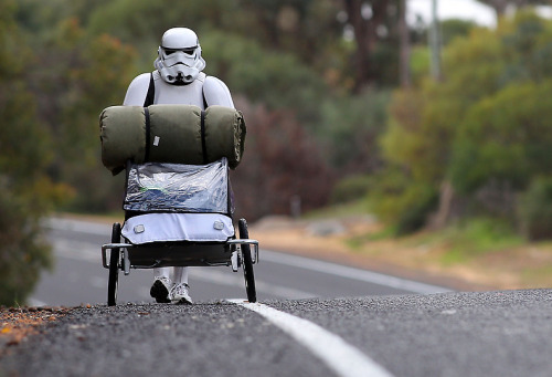 denverpost: Man is Walking 4,000 Kilometers Across Australia in Stormtrooper Costume Stormtrooper Paul French is on a journey of over 4,000 kilometer from Perth to Sydney, walking 35-40 kilometers a day, 5 days a week, in full Stormtrooper costume until he reaches Sydney. French is walking to raise money for the Starlight Foundation – an organization that aims to brighten the lives of ill and hospitalized children in Australia.