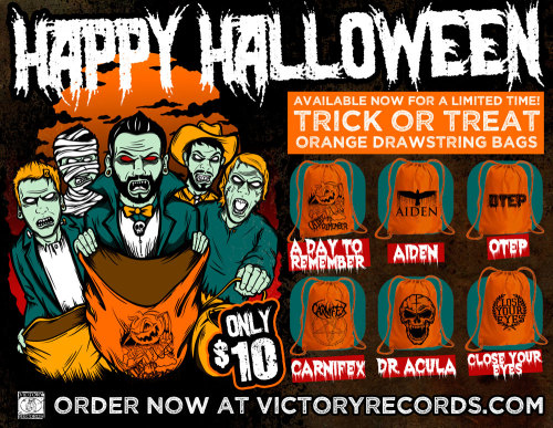 victoryrecords: LIMITED EDITION HALLOWEEN DRAWSTRING BACKPACKS   These limited edition Halloween drawstring backpacks or cinch bags come in a bright pumpkin orange with a black screen-printed graphic on the back. The bag is lightweight, tough and has a 12” opening perfect for loading all of your Halloween treats and tricks!  Place your order no later than October 16th, to ensure enough time for your bag to arrive before Halloween. ORDER NOW: http://www.victoryrecords.com/webstore/drawstringbackpacks 