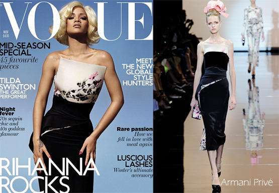 October 2011: Rihanna covered the November issue of British Vogue in designer Armani Prive.