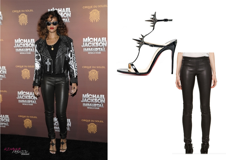 Rihanna seen attending the premier of Cirque Du Soleil’s Michael Jackson &#8216;The  immortal world tour&#8217; in Los Angeles. All in black and opted for a rock chick look. She was spotted wearing a pair of spike detail strap heels by Christian Louboutin, worn with a pair of leather skinny pants by Helmut Lang and a hand painted graffiti leather jacket by designer Claire Barrow which she also wore at the V festival back in August