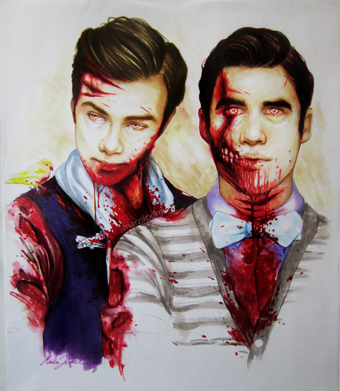 marziiporn:zombie!Klaine for my bestest buddy, happy birthday Tori! (err…a day early: P) prismacolor markers, layout bond 14”x17” | shirts &amp; stickers &amp; stuff