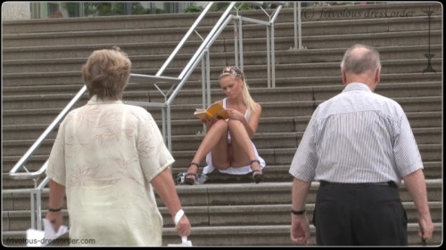 Public upskirt no panties on stairs