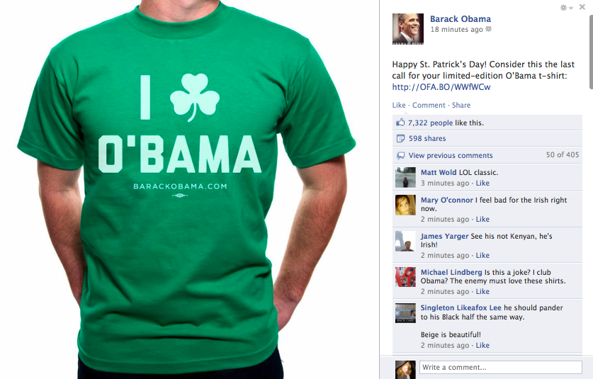 President Obama is part Irish, or whatever, and he posted this to his FB page.
Have a look at the comments section&#8230;Just have a look.
Happy St. Patrick&#8217;s Day, everyone who likes drinking!!!