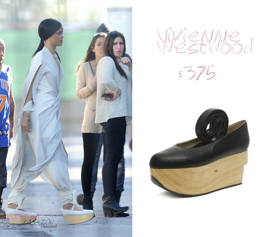 Rihanna on the set of Coldplay&#8217;s &#8216;Princess of China&#8217; in a chinese inspired outfit. She was spotted in Vivienne Westwood&#8217;s rocking horse ballerina platform shoe for £375.00 from the designers main website.
thanks musicnfashin for the info!