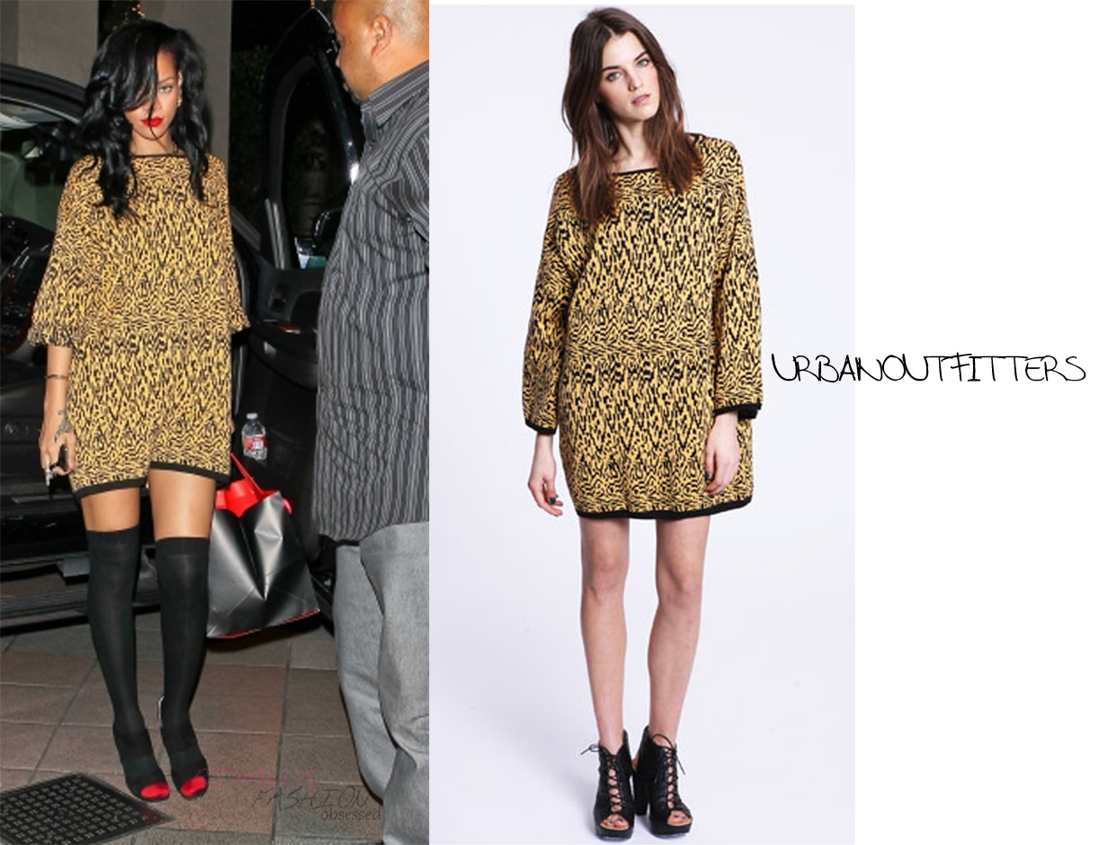 Rihanna seen arriving at Girogio Baldi resturaunt in a reversible patterned print sweater dress from urbanoutfitters available for £120.00. Worn with a pair of sheer over knee socks and Jimmy Choo sandal heels.