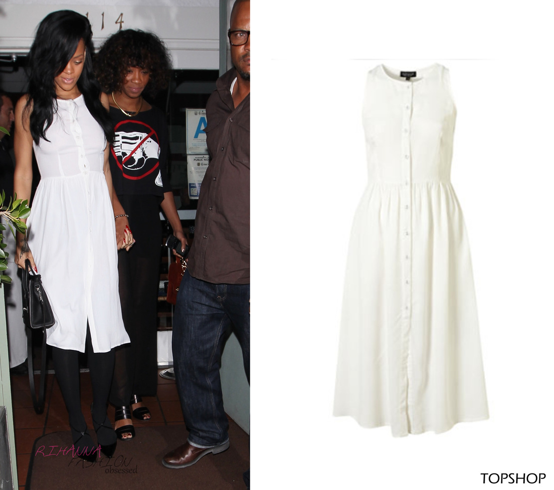 Rihanna and BFF Melissa seen leaving Giorgio Baldi restaurant, seen wearing a button front midi dress from Topshop for £38.00 ($76.00), suspender tights by pretty polly and heels by Christian Louboutin.