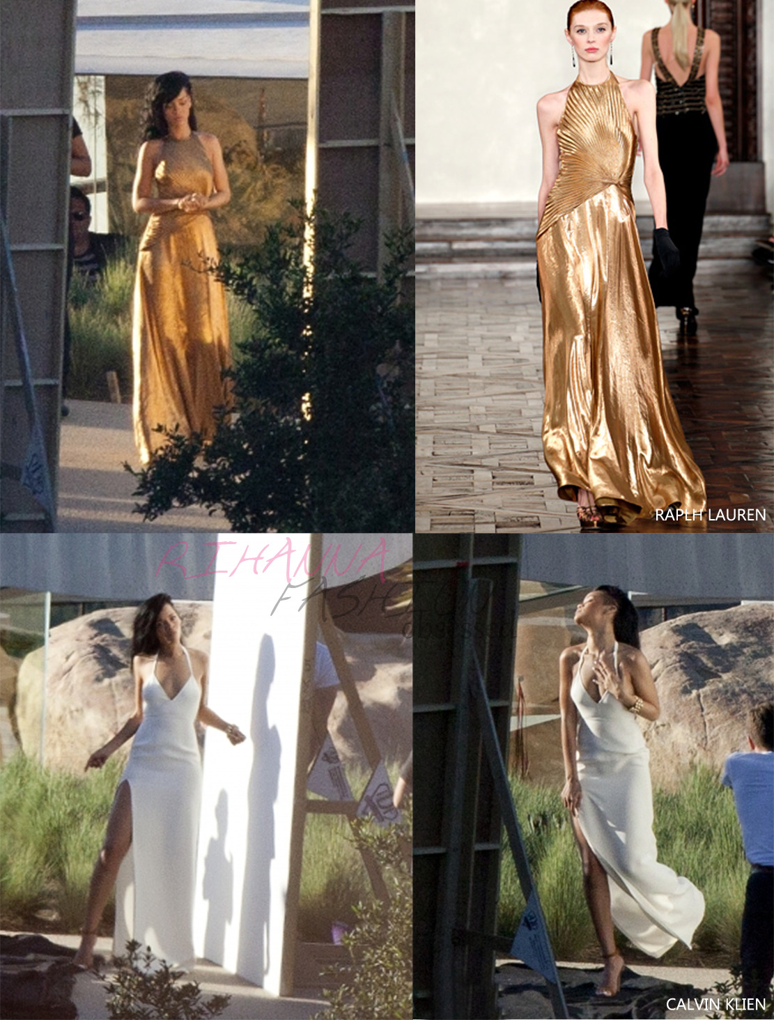 Rihanna during her very first Harper&#8217;s Bazaar cover shoot. Spotted in gold pleated detailed gown by designer Ralph Lauren from the fall 2012 collection and in a costom made white gown by Calvin Klien collection