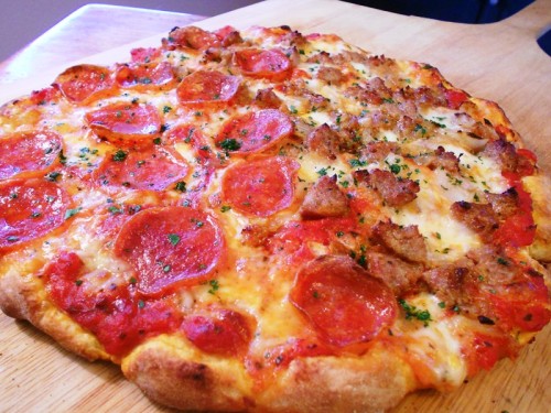 prettygirlfood: Pizza with pepperoni and homemade Italian sausage. Submitted by: chucksfoodpics.tumblr.com 