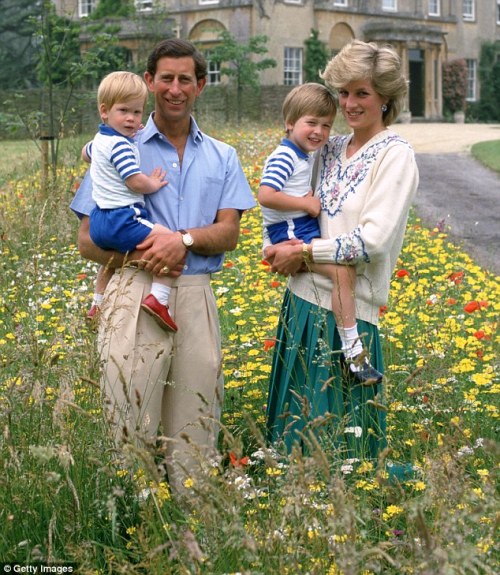 Prince Charles and Princess Diana with their children, Prince William and Prince Harry at Highgrove, 1986.