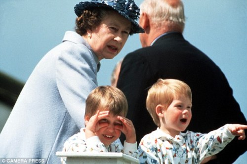 Queen Elizabeth II with Prince William and Prince Harry, 1987.