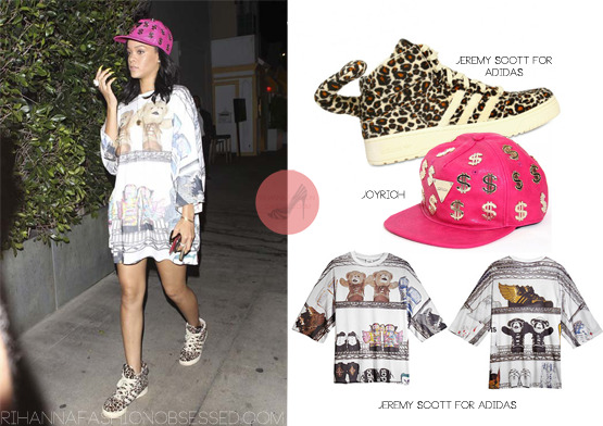 Rihanna spotted leaving her favourite restaurant Giorgio Baldi in LA, seen wearing a Joyrich cash flow cap. She&#8217;s been seen with this cap before early this year. She also wore two items by Jeremy Scott for Adidas originals, one of which you may recognise from when she wore the leopard print shoes to Coachella this year. She wore an oversized tee (shoe memory tee) that features all of Jeremy Scott&#8217;s popular footwear for Adidas originals.