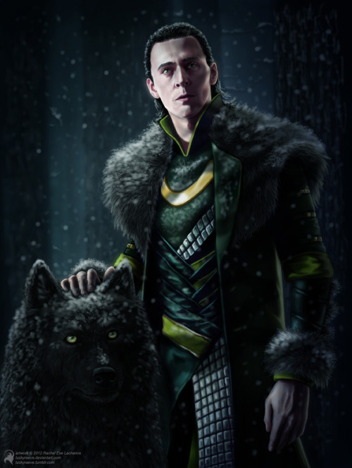 luckyraeve: ‘Fenrir Lokison’ This is Loki and his adorably fluffy son, Fenrir. The sad truth is the only reason I chose Fenrir over Loki’s other magical animal children is because I wanted to paint Loki in a matching fur coat…hey, I DO WHAT I WANT too! ;) Made in Paint Tool Sai. 22 hours. For more wordy details please visit my home planet.