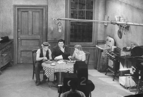 Jackie Gleason, Art Carney and Audrey Meadows on the set of The Honeymooners, February 1956.