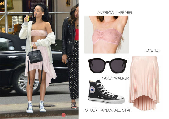 Pretty in pink: Rihanna out and about with her BFF Melissa in New York. She was spotted wearing a lace bandeau/bra from American apparel for $18.00 also comes in other ranges of colours, worn with a pleated dip skirt from her favourite store Topshop for £38.00. To complete her look she wore a pair Chuck Taylor all star converse and pair of Karen Walker&#8217;s &#8216;super duper strength&#8217; sun shades for $250.00 and lastly a Celine tote bag.