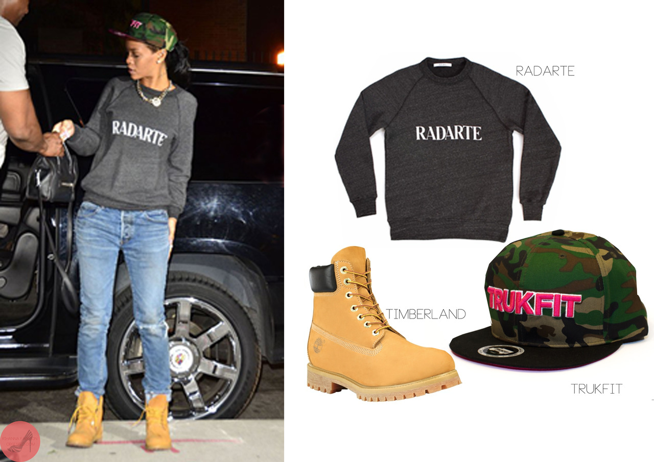 Rihanna was spotted in Brooklyn, New York, wearing a Rodarte “Radarte” Grey Sweater ($155). Back in March when Rihanna was in Toyko, Japan to promote Battleship with fellow cast mates, Rihanna was first seen wearing this  sweater  after getting of a flight. She completed her look with a camo print snapback by Lil Wayne&#8217;s clothing line &#8216;Trukfit&#8217; camo culture hat for $32.00 worn with a pair of Timberlands