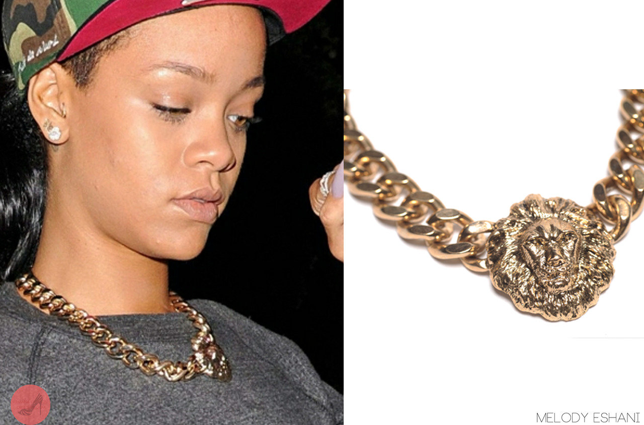 Update: Rihanna wore a chunky vintage inspired necklace (Queen of the jungle) by designer Melody Eshani for a reasonable price of $69.00 (also comes in other colours). Thanks to one of our followers on instagram for the tip

You may remember Rihanna &#8216;s bad knuckle ring. Melody made a replicated version of the original diamond bad ring Rihanna designed with a jeweller back in 08. It is still available to purchase on her main site HERE for $50.00