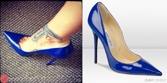 Rihanna showing off her new Falcon tattoo on instagram wearing a pair of Jimmy Choo Anouk leather patent pointed toe heels. Same pair she wore back in London, February.