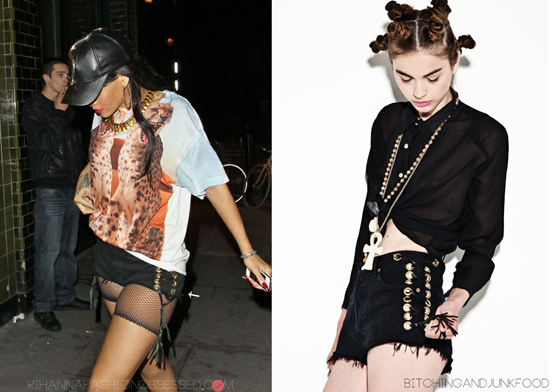 New Update: Rihanna at Whisky mist pub in East London and during her performance at Hackney weekend festival she wore a pair of bitching and junkfood&#8217;s remade side strap bitchy shorts

Remade over-dyed black original Levi&#8217;s 501 for girls with high waist an button fly. This pair features leather strapping, overesized gold eyelets and tassles down either side with original #BITCHY high cut.

The shorts are available from their main site for £85.00