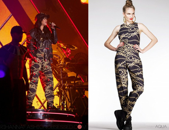 Rihanna performed in Oslo, Norway, at Kollen Festival wearing a leather cap by Michael Schmidt, including a customized jacket and by Adam Selman. Over her red bra, Rihanna wore a chain print racerback klum jumpsuit is by Aqua by Aqua , that is currently  online for purchase for $69.00.
FYI: Styling by Mel Ottenberg and makeup by Karin Darnell.