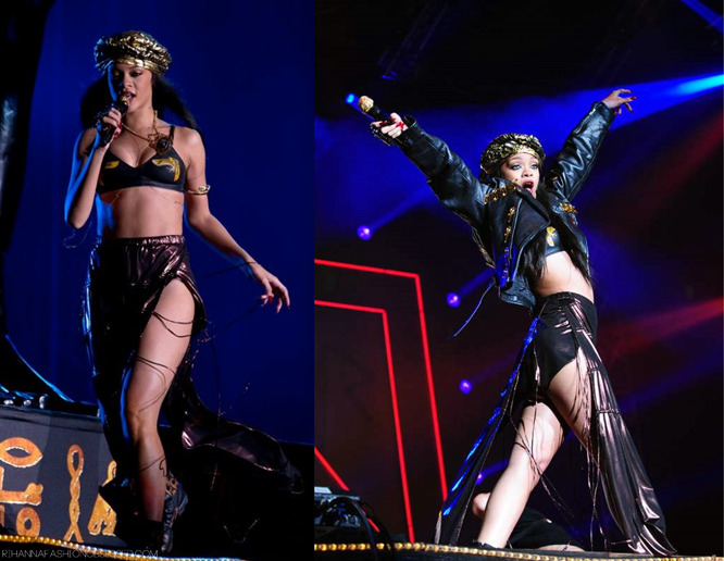 Rihanna during the love and peace festival held in Sweden. Still sticking to the Egyptian theme she wore the same leather vintage jacket worn with a turban and skirt customised by Adam Selman. She wore a bra top also by Adam and customised by Claire Barrow, who has worked with Rihanna during her LOUD tour and custom painted her leather jacket for Talk that Talk photoshoot. 
All fashion credits - Mel Ottenberg