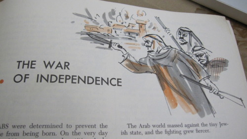 SCARY ARABS BEING SCARY AND ARAB</p> <p>From “Behold the Land” social studies textbook, 1968