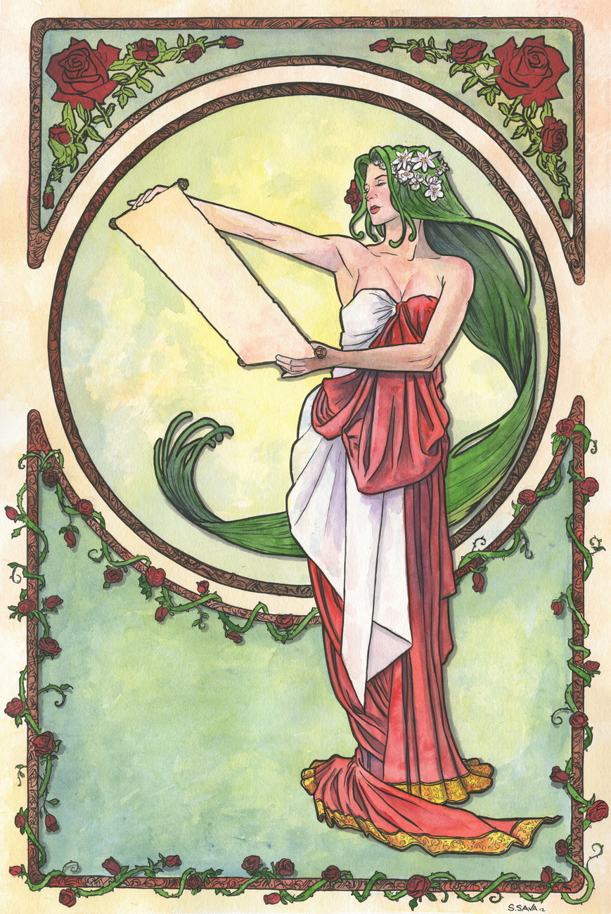 For my eighth Art Nouveau painting… I worked a bit larger.I went from the 11x15 inch Strathmore paper to a 12x18 Canson paper.I have to say, the paper didn’t hold the color as well. It felt like I was fighting it a bit more. I don’t know.I think I’d like to try that expensive Arches paper I always see (but pass on because it’s too much).Either way. I’m happy with the painting. I’ve never painted roses before. So it was fun to learn. Hope you enjoy it!The photo reference/inspiration was from http://lockstock.deviantart.com/art/Mucha-Pack-1-32282767The original is for sale in my Etsy store:http://www.etsy.com/shop/ScottChristianSava?section_id=11821287And prints are available here…http://www.etsy.com/shop/ScottChristianSava?section_id=11821297