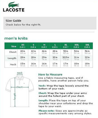 lacoste mens polo size guide