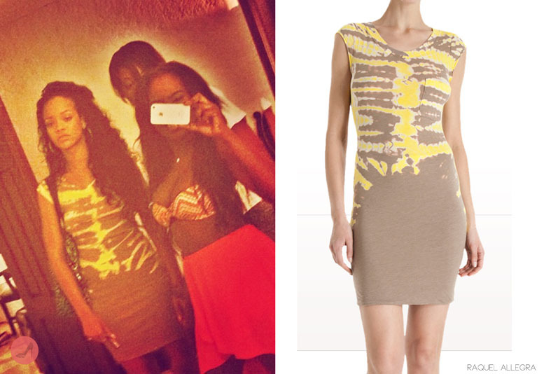 Rihanna spotted taking a group picture with her close friends in Barbados wearing a tie dye detail jersey dress with a front pocket by designer Raquel Allegra a similar version in dark grey can be found on net a porter.com  for $225.00 you can visit her official site HERE