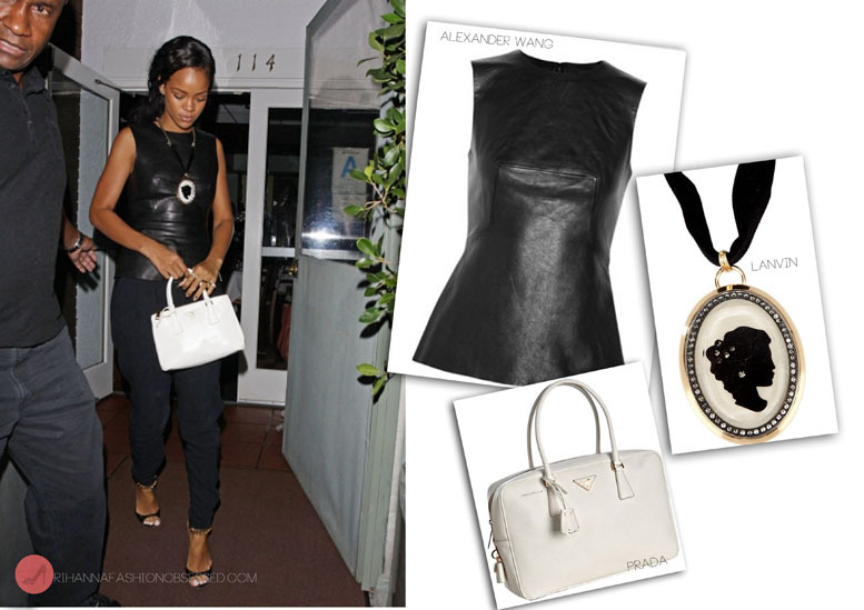 Giorgio Baldi chic: Rihanna spotted leaving her favourite restaurant in all black wearing a $675 leather pleated top by designer Alexander Wang (currently sold out), she accessorised her look with a $1619 cameo pendant by Lanvin and completed her look with a white Prada saffiano leather tote bag and her most frequently worn sandals by Tom Ford.