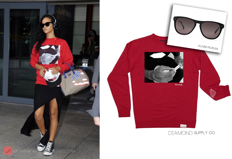 Rihanna spotted at Heathrow airport in London looking casual in a kush crew sweater by urban brand Diamond supply co which is available from their site $60.00 worn on top of a maxi dress.  She completed her airport look with a pair of Oliver peoples sunglasses, high top Chuck Taylors, Trapstar&#8217;s life as a superstar snapback and lastly her limited edition Gucci Boston bag she has been seen most frequently with.