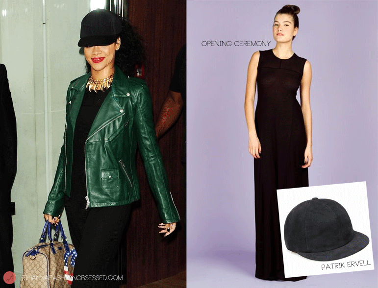 Rihanna was seen leaving her hotel wearing a green biker leather jacket by Alexander Mcqueen. Rihanna wore this jacket two weeks ago in Los Angeles after having dinner at Giorgio Baldi in Santa Monica. Her dress is by Opening Ceremony, cap by Patrik Ervell and her necklace is by Katie Eary.