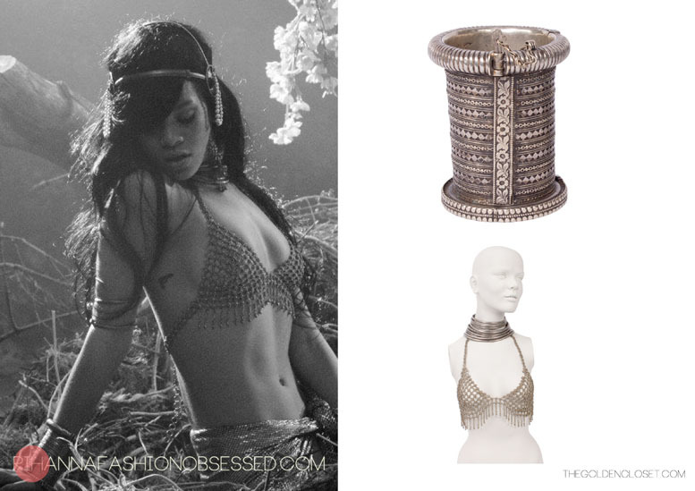 New update on Rihanna&#8217;s where have you been costume! 
Thegoldencloset.com are currently auctioning a few items Rihanna has worn during her current music videos and past videos. That including a silver Indian cuff bracelets which she wore with a Christian Dior stainless steel necklace and a Indian chain mail bikini top ensemble. 